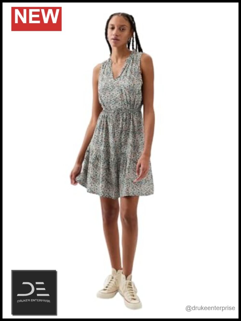 Sleeveless Split Neck Shift Dress Ruffle Shirring Tie Waist Casual
